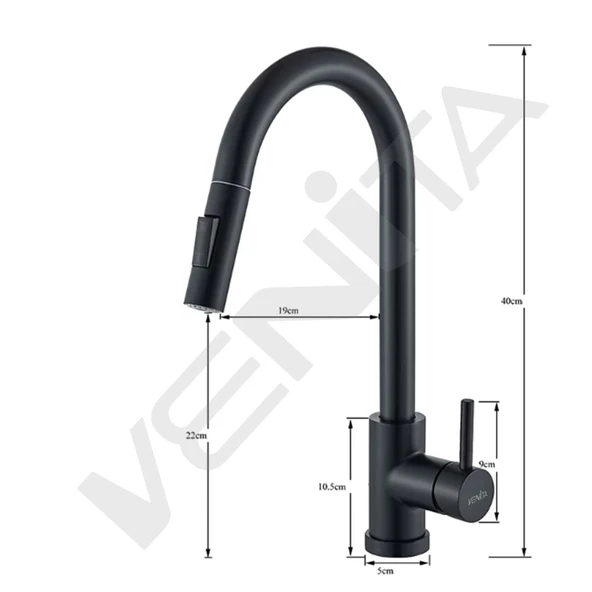 Venita Siyah Spiralli Mutfak Eviye Bataryası Dekor Musluk Çift Akış Sistemli - Resim 4