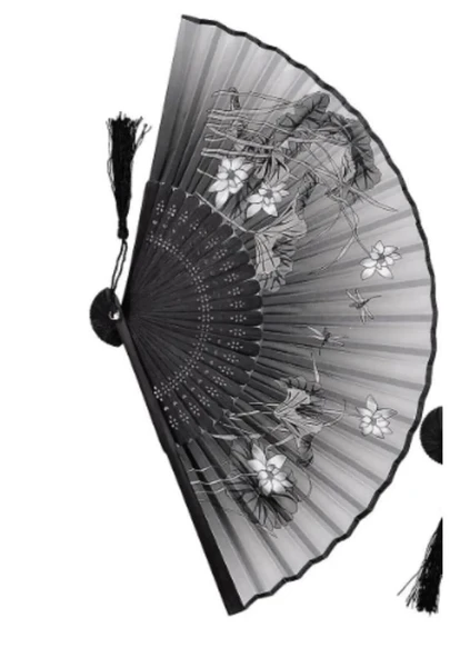 Beluga Yelpaze Bambu Kumaş Serinletici Vintage Siyah Şık Dekorasyon Püsküllü Japon Yelpaze 0365 - 2