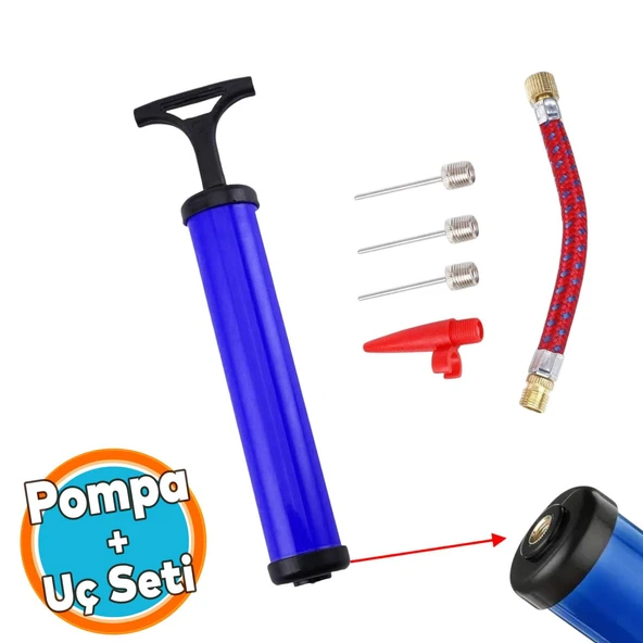 Bisiklet Pompa Seti El Tipi Ayak Tutamaklı Hava Top Şişirme Plastik Başlıklı Borulu İğne Uçlu 30 cm