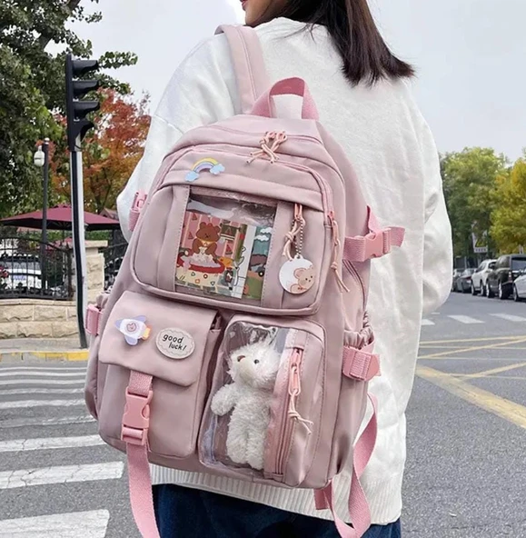 Büyük Boy Okul Çantası Rozetli Peluşlu Çok Cepli - 2