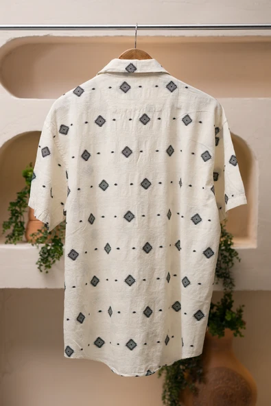 Oversize (Bol Kesim) Kısa Kollu Desenli Yazlık Spor Keten Gömlek - 8