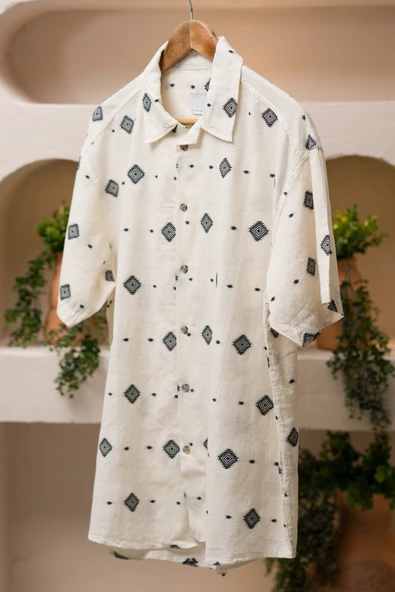 Oversize (Bol Kesim) Kısa Kollu Desenli Yazlık Spor Keten Gömlek - 6