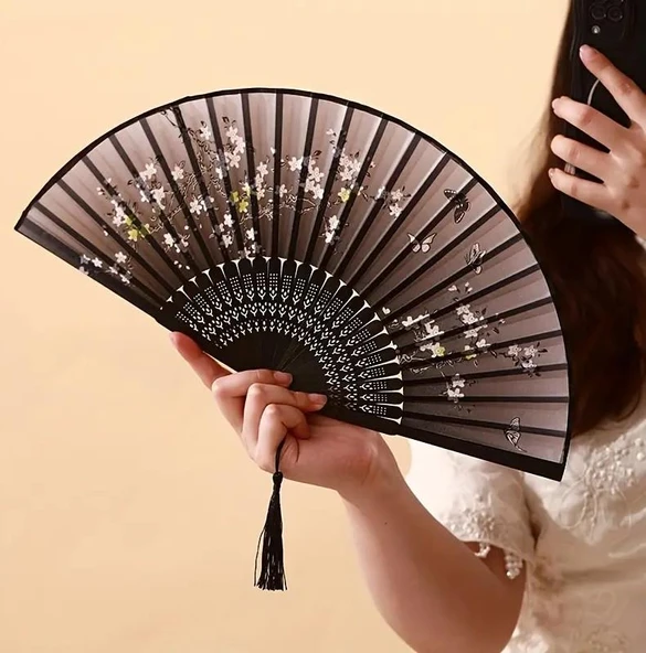 Beluga Yelpaze Bambu Kumaş Serinletici Vintage Siyah Bahar Dalı Kelebekli Şık Dekorasyon Püsküllü Japon Yelpaze 0143 - 3