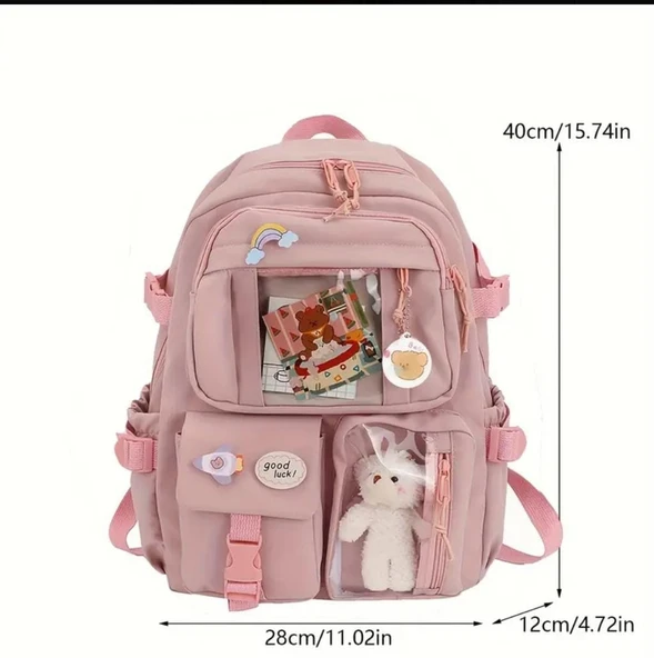 Büyük Boy Okul Çantası Rozetli Peluşlu Çok Cepli