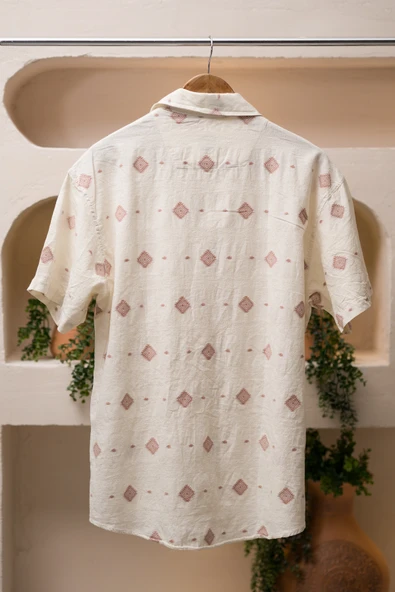 Oversize (Bol Kesim) Kısa Kollu Desenli Yazlık Spor Keten Gömlek - 2