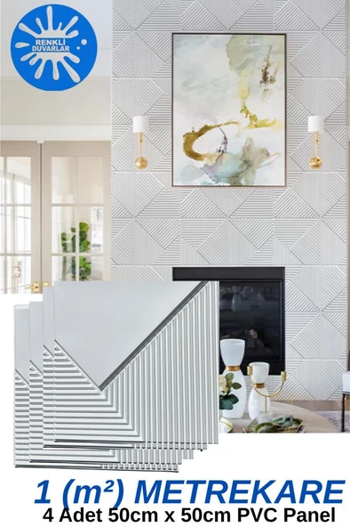 1m² (50cmx50cm 4 Adet) Beyaz 3D ABS PVC Çizgili Desenli Dayanıklı Duvar Paneli Silinebilir