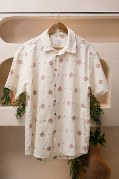 Oversize (Bol Kesim) Kısa Kollu Desenli Yazlık Spor Keten Gömlek