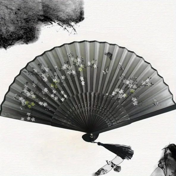Beluga Yelpaze Bambu Kumaş Serinletici Vintage Siyah Bahar Dalı Kelebekli Şık Dekorasyon Püsküllü Japon Yelpaze 0143