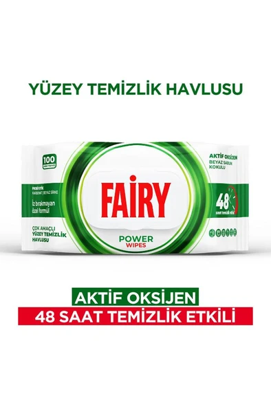 Fairy Power Wipes Yüzey Temizleme Mendili 100 Yaprak | Beyaz Sabun | Beyaz Sirke & Karbonat