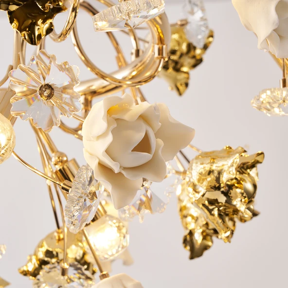 Apliqa Faxon 9'lu Gold Çiçek Desenli Modern Yuvarlak Sarkıt Salon Avize - Resim 5