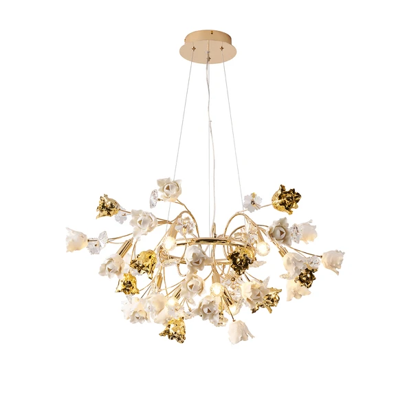 Apliqa Faxon 9'lu Gold Çiçek Desenli Modern Yuvarlak Sarkıt Salon Avize - Resim 3