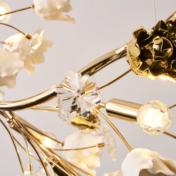 Apliqa Faxon 9'lu Gold Çiçek Desenli Modern Sıralı Yemek Masası Üstü Sarkıt Salon Avize - Resim 5