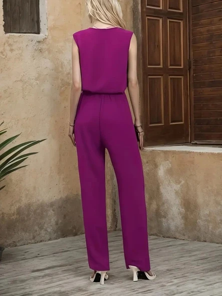 Kadın Kolsuz V Yakalı Aerobin Bluz Ve Belden Kuşaklı Pantolon Ikili Takım - Resim 2