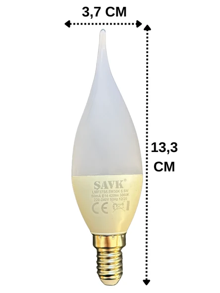 (4 Adet) Şavk 5,5W (37W) Sarı Işık (3000K) E14 Duylu (İnce Duy) Led Kıvrık Ampul - Resim 3