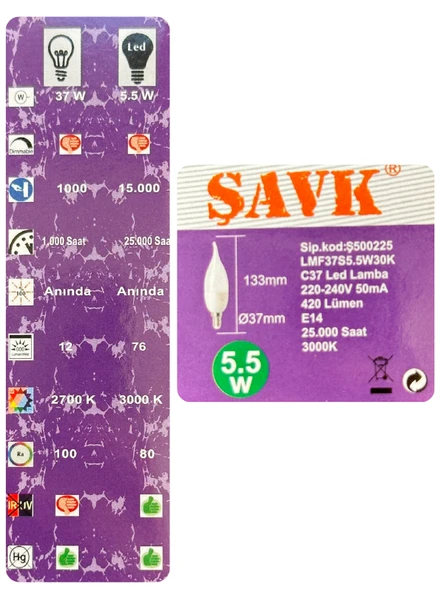 (5 Adet) Şavk 5,5W (37W) Sarı Işık (3000K) E14 Duylu (İnce Duy) Led Kıvrık Ampul - 4