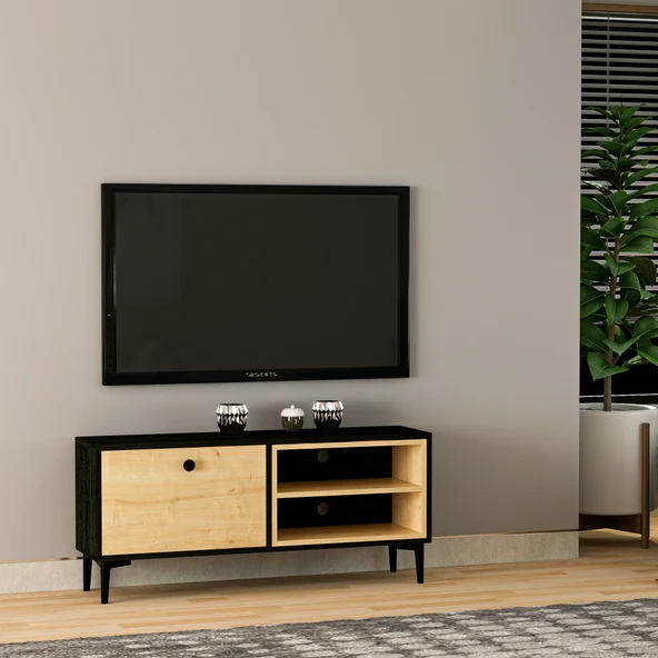 T004 Minimal Tv Sehpası Ahşap Siyah/Safir Meşe