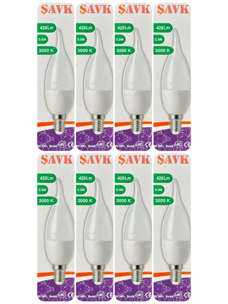 (8 Adet) Şavk 5,5W (37W) Sarı Işık (3000K) E14 Duylu (İnce Duy) Led Kıvrık Ampul