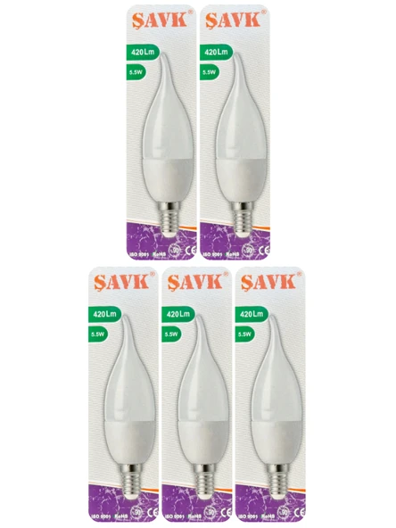 (5 Adet) Şavk 5,5W (37W) Beyaz Işık (6500K) E14 Duylu (İnce Duy) Led Kıvrık Ampul