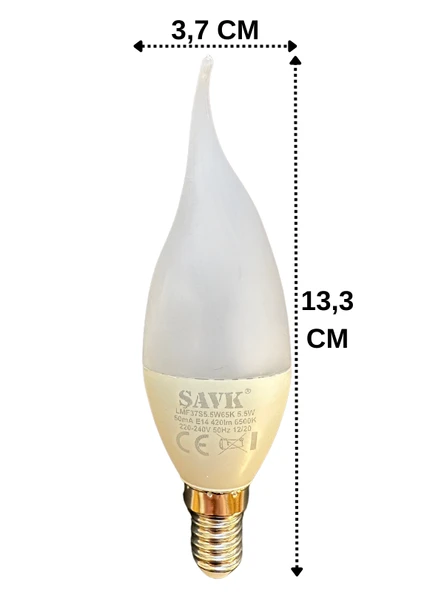 (8 Adet) Şavk 5,5W (37W) Beyaz Işık (6500K) E14 Duylu (İnce Duy) Led Kıvrık Ampul - Resim 3