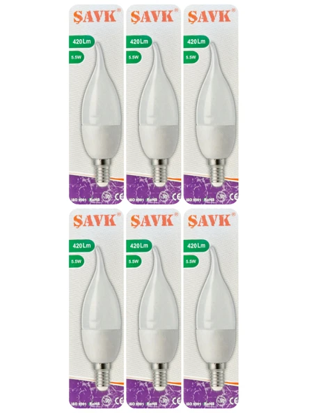 (6 Adet) Şavk 5,5W (37W) Beyaz Işık (6500K) E14 Duylu (İnce Duy) Led Kıvrık Ampul