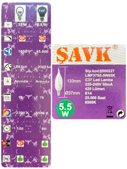 (4 Adet) Şavk 5,5W (37W) Beyaz Işık (6500K) E14 Duylu (İnce Duy) Led Kıvrık Ampul - Resim 4