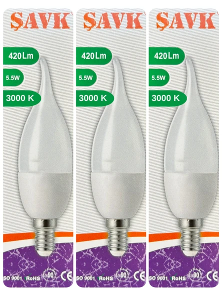 (3 Adet) Şavk 5,5W (37W) Sarı Işık (3000K) E14 Duylu (İnce Duy) Led Kıvrık Ampul