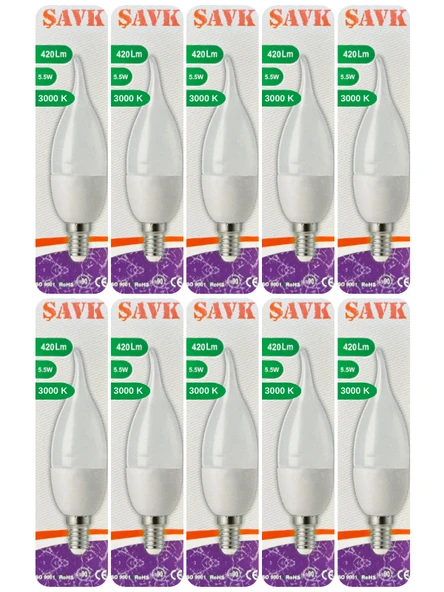 (10 Adet) Şavk 5,5W (37W) Sarı Işık (3000K) E14 Duylu (İnce Duy) Led Kıvrık Ampul
