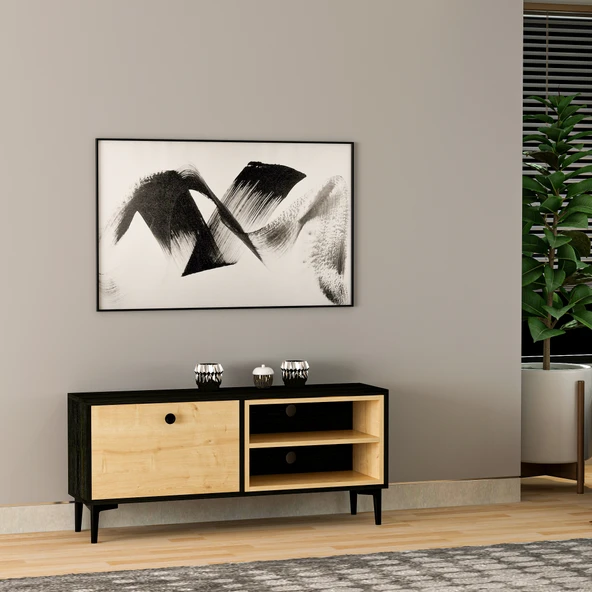 Selis T004 Modern TV Sehpası – Ahşap Siyah/Safir Meşe - 120 cm - 8