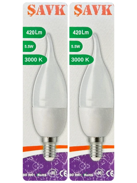 (2 Adet) Şavk 5,5W (37W) Sarı Işık (3000K) E14 Duylu (İnce Duy) Led Kıvrık Ampul