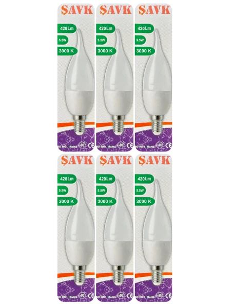 (6 Adet) Şavk 5,5W (37W) Sarı Işık (3000K) E14 Duylu (İnce Duy) Led Kıvrık Ampul
