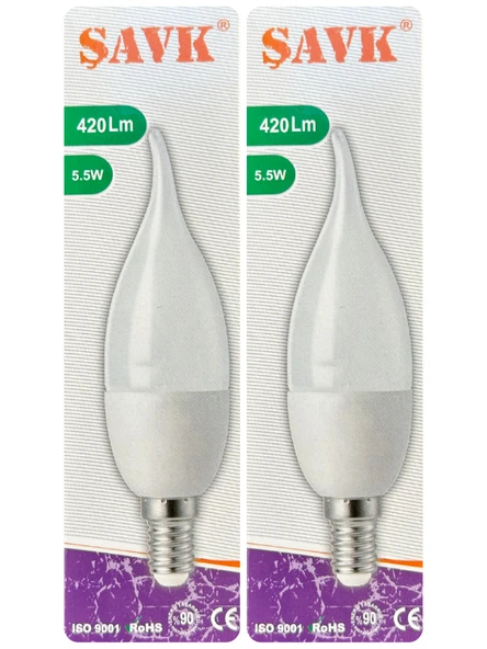(2 Adet) Şavk 5,5W (37W) Beyaz Işık (6500K) E14 Duylu (İnce Duy) Led Kıvrık Ampul