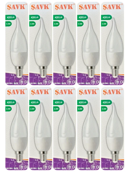 (10 Adet) Şavk 5,5W (37W) Beyaz Işık (6500K) E14 Duylu (İnce Duy) Led Kıvrık Ampul