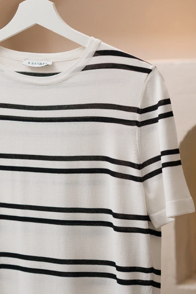 San&Fa Bisiklet Yaka Çizgili Rayon Kumaş Slimfit T-shirt - 2