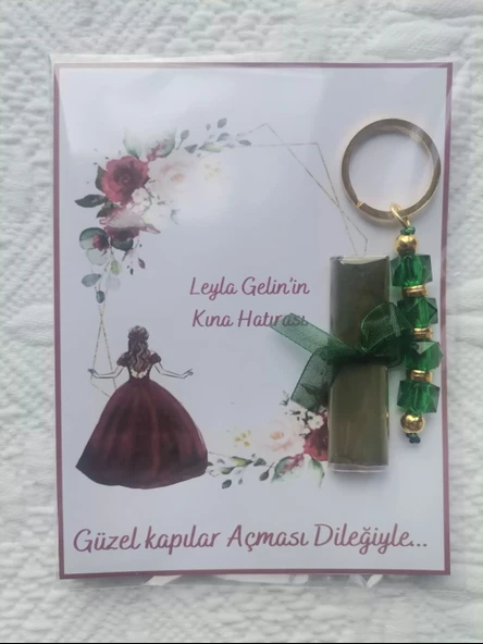 100 Adet Kişiye Özel Kına Hatırası Yeşil Anahtarlık ve Paketlenmiş Kına Dağıtmalık Hediyelik - 5