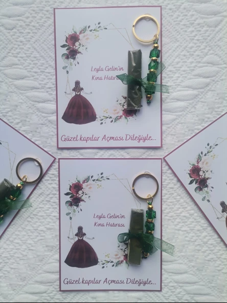 48 Adet Kişiye Özel Kına Hatırası Yeşil Anahtarlık ve Paketlenmiş Kına Dağıtmalık Hediyelik - Resim 3