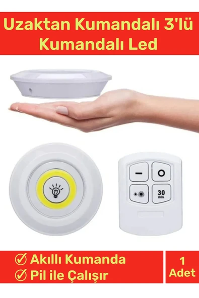 Lüks Av Kamp Ev Okul Araba Otel Pilli Uzaktan Kumandalı Yapışkanlı Dayanıklı 3'lü Led Spot - 1 Adet