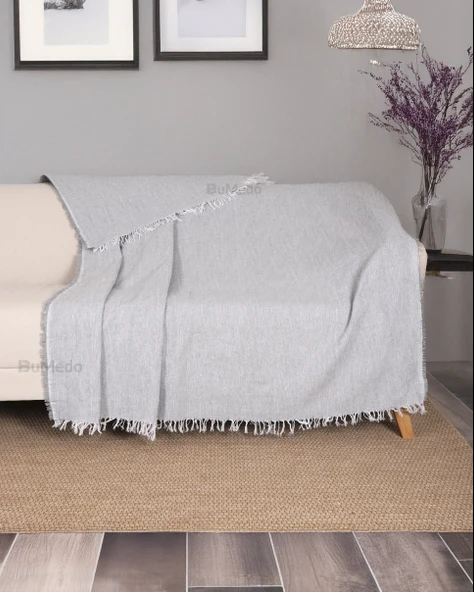 Çok Amaçlı Pamuklu Kaliteli Sık Dokuma 175X215 Cm Kaymaz Koltuk Kanepe Örtüsü (Açık Gri)