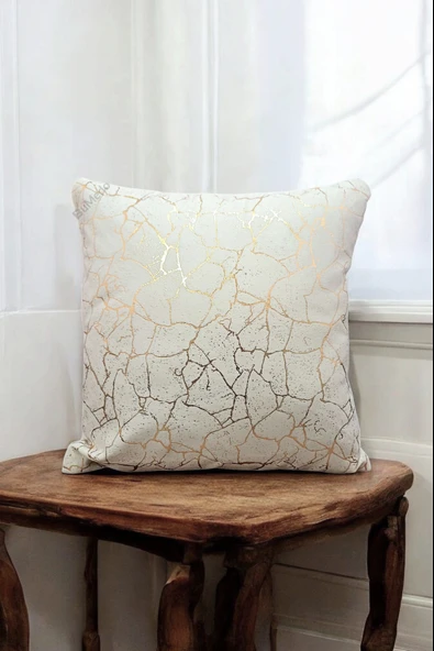 Altın Varaklı Yaldızlı Dekoratif Şık Tekli Kırlent Kılıfı  - KREM