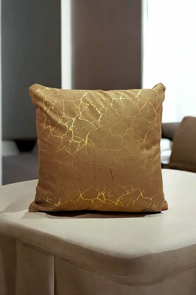 Altın Varaklı Yaldızlı Dekoratif Şık Tekli Kırlent Kılıfı  - KAHVE