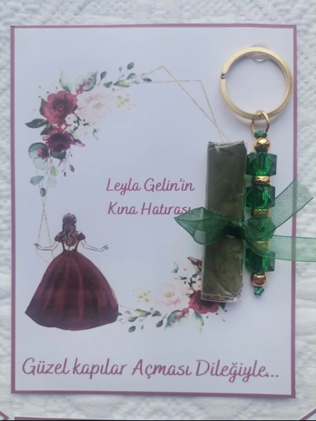 100 Adet Kişiye Özel Kına Hatırası Yeşil Anahtarlık ve Paketlenmiş Kına Dağıtmalık Hediyelik - 2