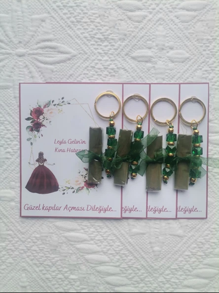 48 Adet Kişiye Özel Kına Hatırası Yeşil Anahtarlık ve Paketlenmiş Kına Dağıtmalık Hediyelik - Resim 4