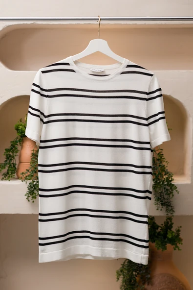 San&Fa Bisiklet Yaka Çizgili Rayon Kumaş Slimfit T-shirt