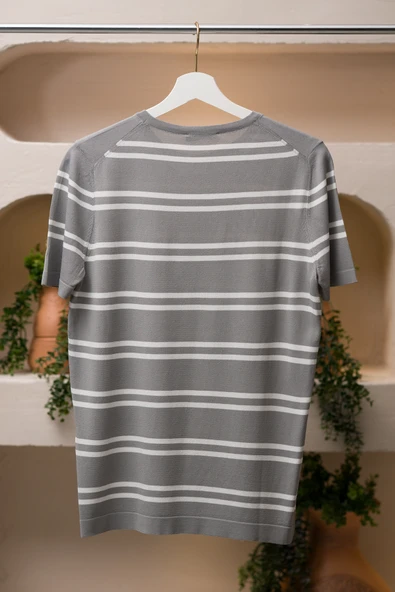 San&Fa Bisiklet Yaka Çizgili Rayon Kumaş Slimfit T-shirt - 11