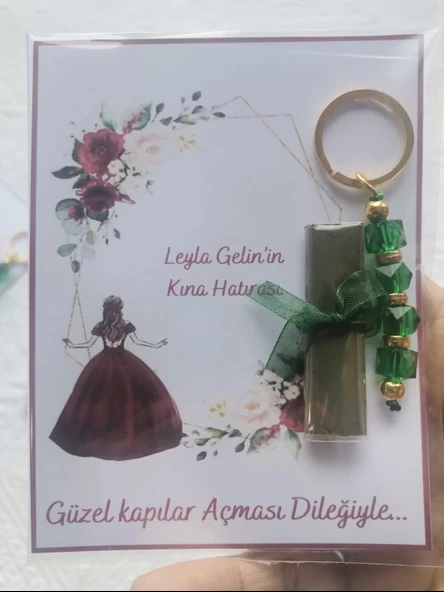 100 Adet Kişiye Özel Kına Hatırası Yeşil Anahtarlık ve Paketlenmiş Kına Dağıtmalık Hediyelik - 6