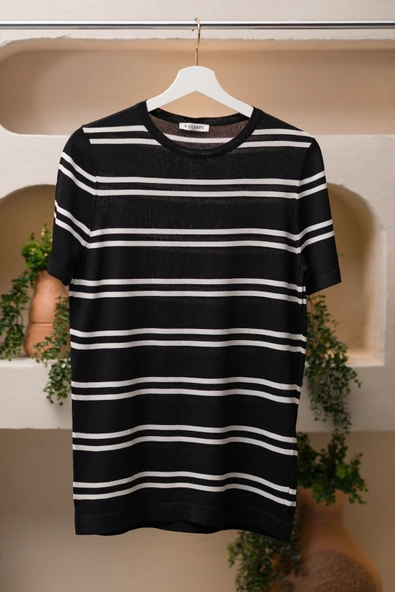 San&Fa Bisiklet Yaka Çizgili Rayon Kumaş Slimfit T-shirt - 5