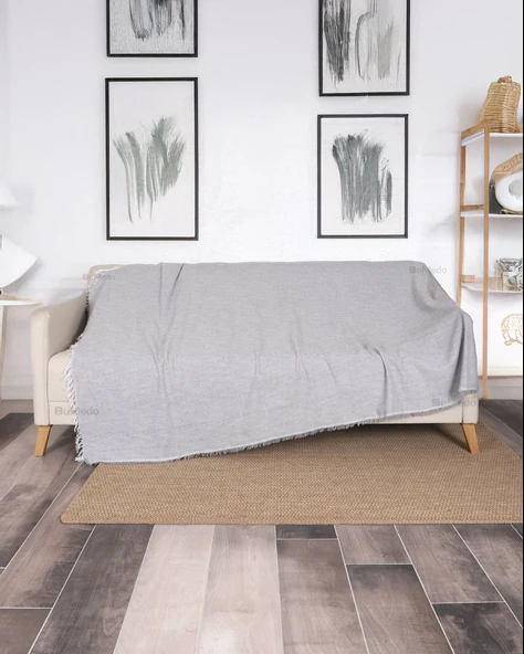 Çok Amaçlı Pamuklu Kaliteli Sık Dokuma 175X215 Cm Kaymaz Koltuk Kanepe Örtüsü (Açık Gri) - 2