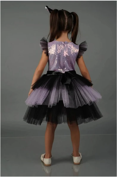 Kuromi Taç Aksesuarlı Pullu Baskılı  Kız Elbise 3/10 Yaş - 2