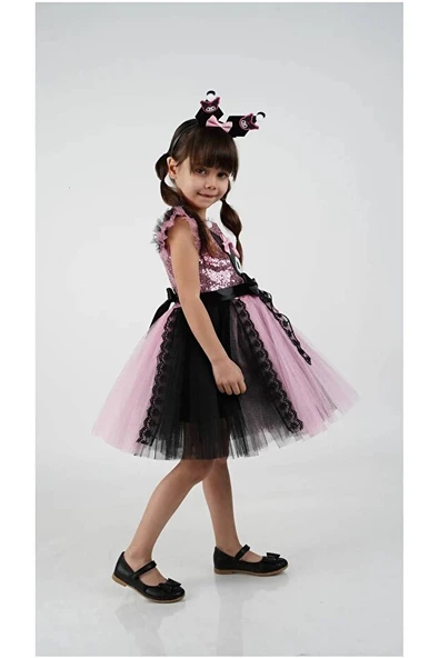 Kuromi Taç Aksesuarlı Pullu Baskılı  Kız Elbise 3/10 Yaş - 4