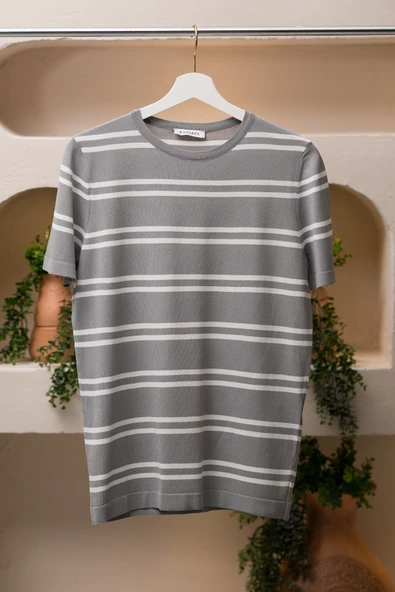 San&Fa Bisiklet Yaka Çizgili Rayon Kumaş Slimfit T-shirt - 8