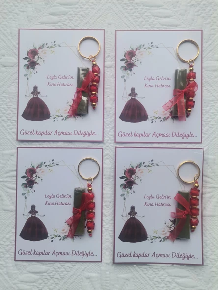 48 Adet Kişiye Özel Kına Hatırası Kırmızı Anahtarlık ve Paketlenmiş Kına Dağıtmalık Hediyelik - Resim 3